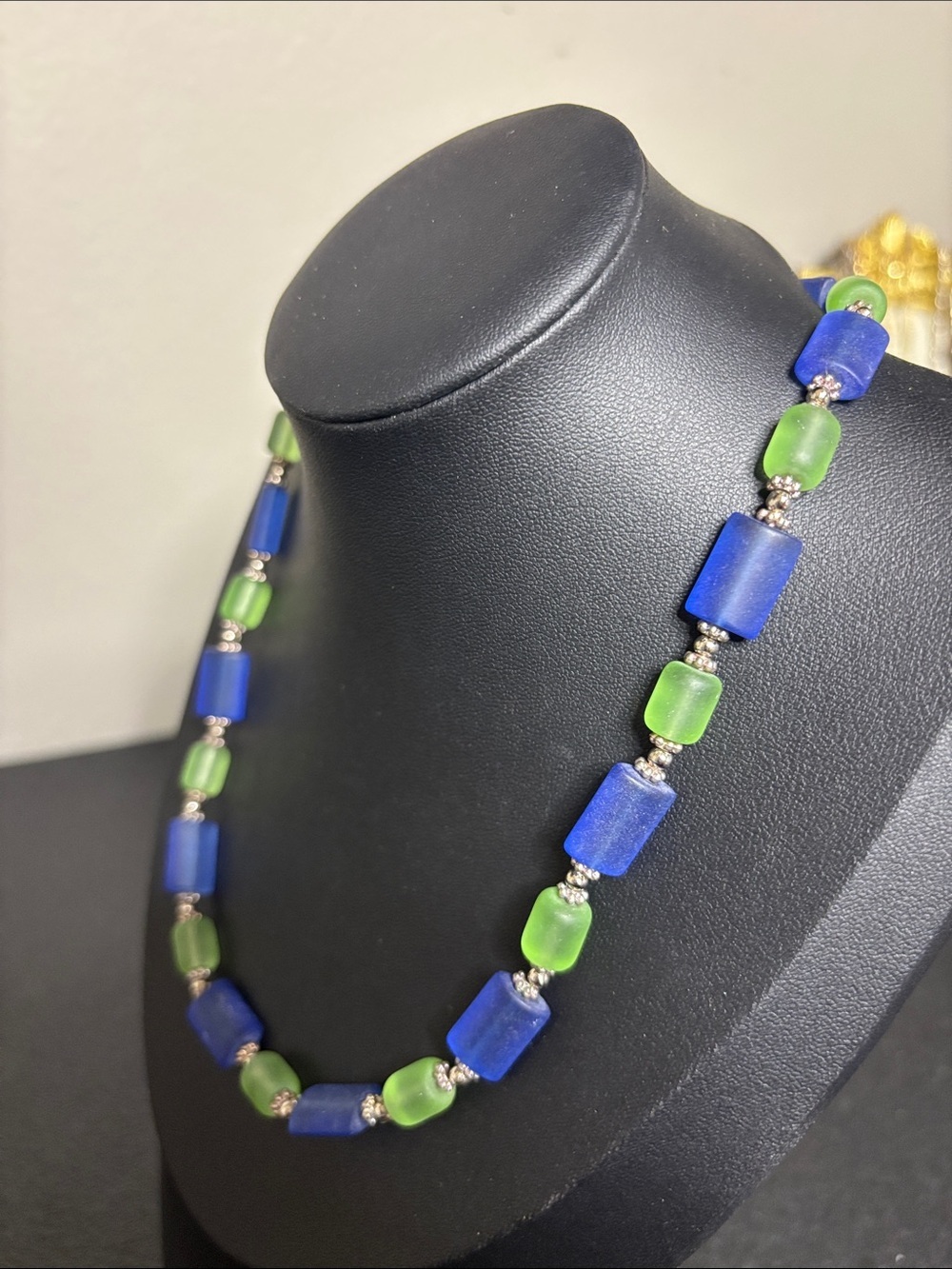 Vintage Glass Blue and Green Beaded Necklace - Picture 4 of 7